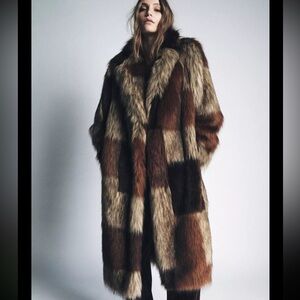 ZARA Patchwork Faux Fur Long Coat Brown Beige Statement Jacket -NWT